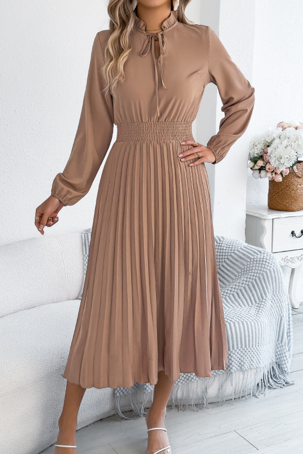 FJØRNA solid color long-sleeved fitted waist pleated midi dress, elegant and stylish for formal occasions.