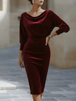 FJØRNA velvet pencil dress with draped boat-neck style, fitted silhouette, elegant women's dress in deep velvet fabric.