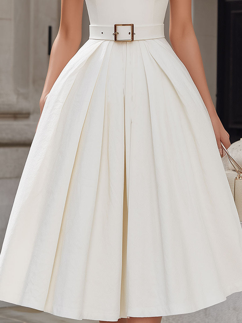FJØRNA ivory halter neck pleated midi dress for women, elegant white dress with flowing pleats and halter neckline.