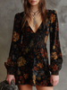 FJØRNA retro floral print velvet mini dress with pleated waist, perfect for stylish women's dresses with vintage-inspired design.