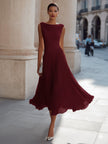 FJØRNA draped neck sleeveless pleated midi dress, stylish dress with flowing fabric and elegant design, perfect for formal occasions