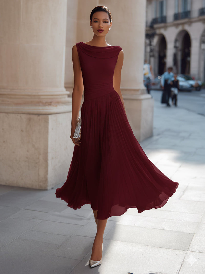FJØRNA draped neck sleeveless pleated midi dress, stylish dress with flowing fabric and elegant design, perfect for formal occasions