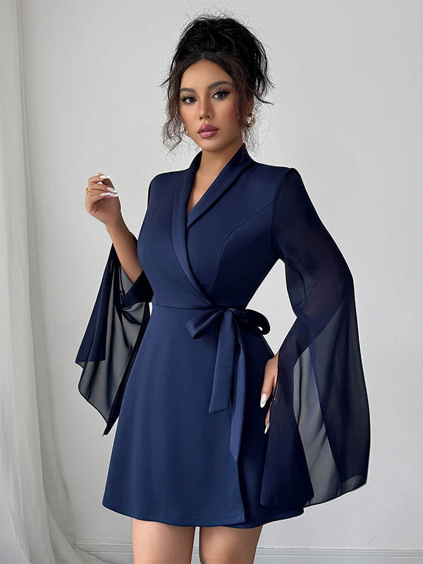 FJØRNA white A-line dress with elastic waistband, see-through fabric, interlaced design, and split-joint detail.