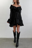 FJØRNA solid color V-neck ruffled ruched long-sleeved vacation mini dress, casual wedding dress with flowy design and soft fabric.