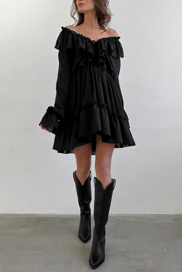 FJØRNA solid color V-neck ruffled ruched long-sleeved vacation mini dress, casual wedding dress with flowy design and soft fabric.