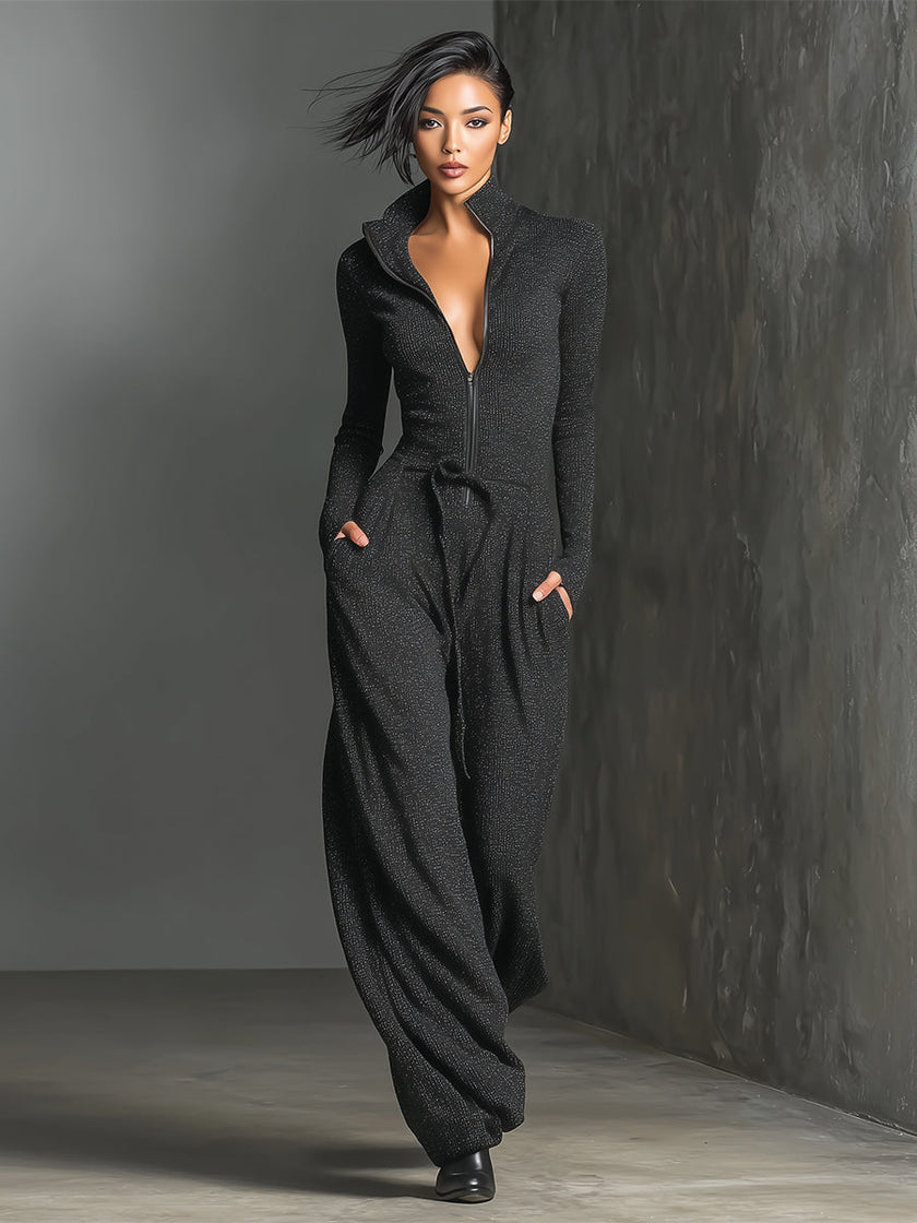 FJØRNA sparkling knit jumpsuit for women with zip front, long sleeves, and wide-leg pants, stylish and comfortable for all-day wear