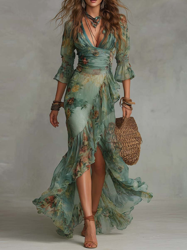 FJØRNA women's wrap dress featuring a flowy fabric and elegant design, perfect for casual or formal occasions.