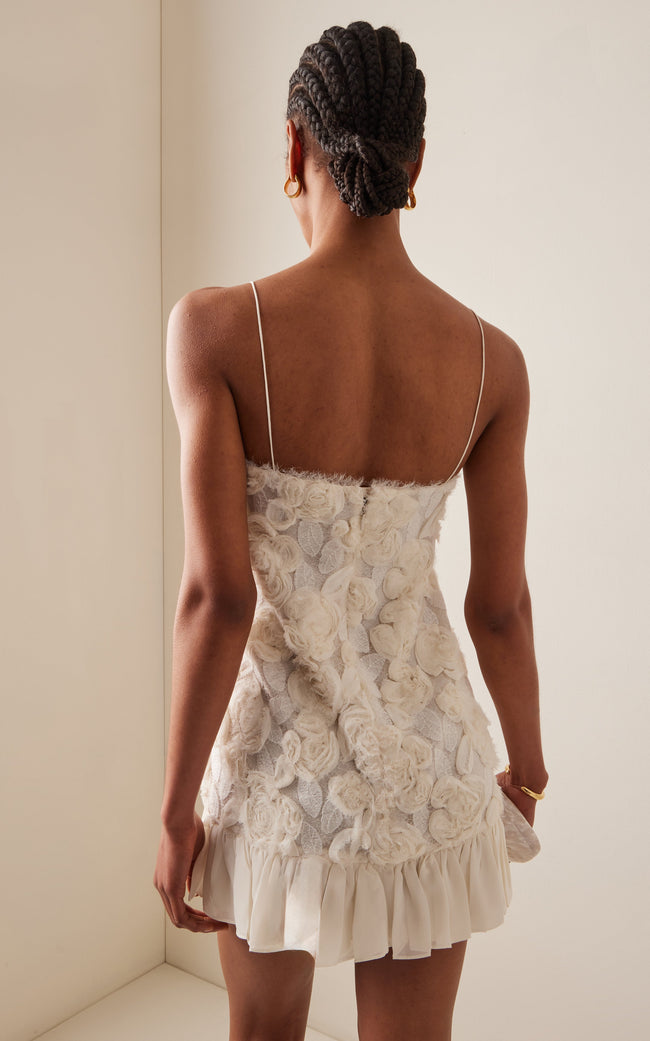 White Rosette Georgette Frilled Mini Dress by FJØRNA, elegant wedding guest dress with ruffles and floral rosette details.