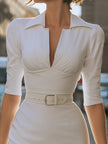 FJØRNA elegant belted V-neck tailored midi dress featuring a fitted silhouette and stylish design.