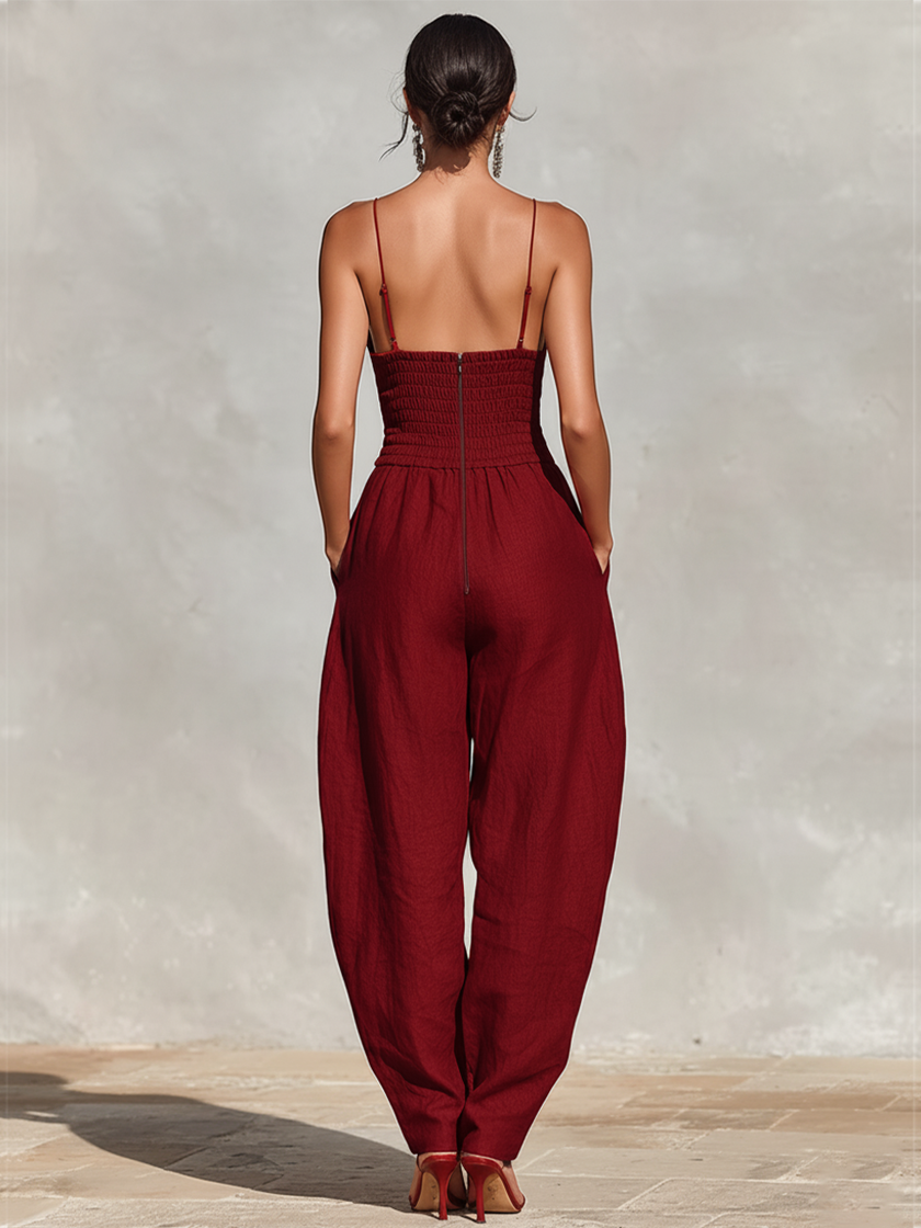 FJØRNA women's linen spaghetti strap jumpsuit with V-neck, high waist, pleated wide-leg pants, lightweight and stylish for summer.