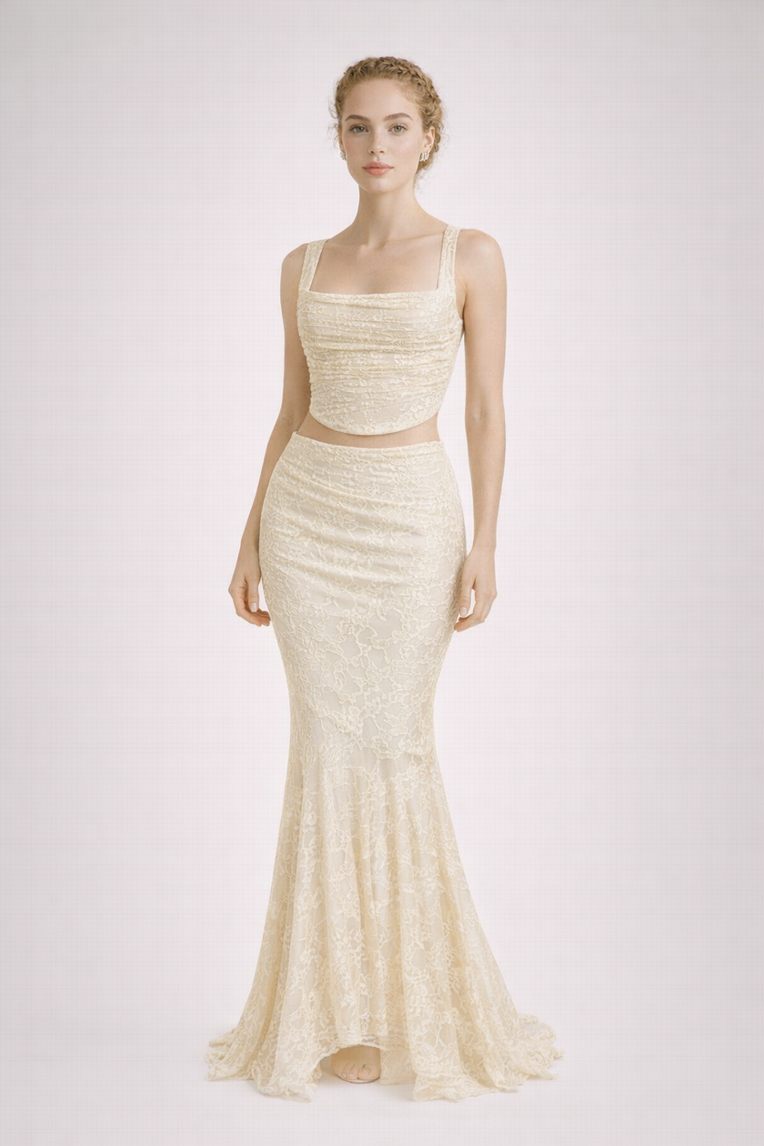 FJØRNA ruched crop top and mermaid skirt set for women, square neck champagne-colored dress with fitted design and elegant style.