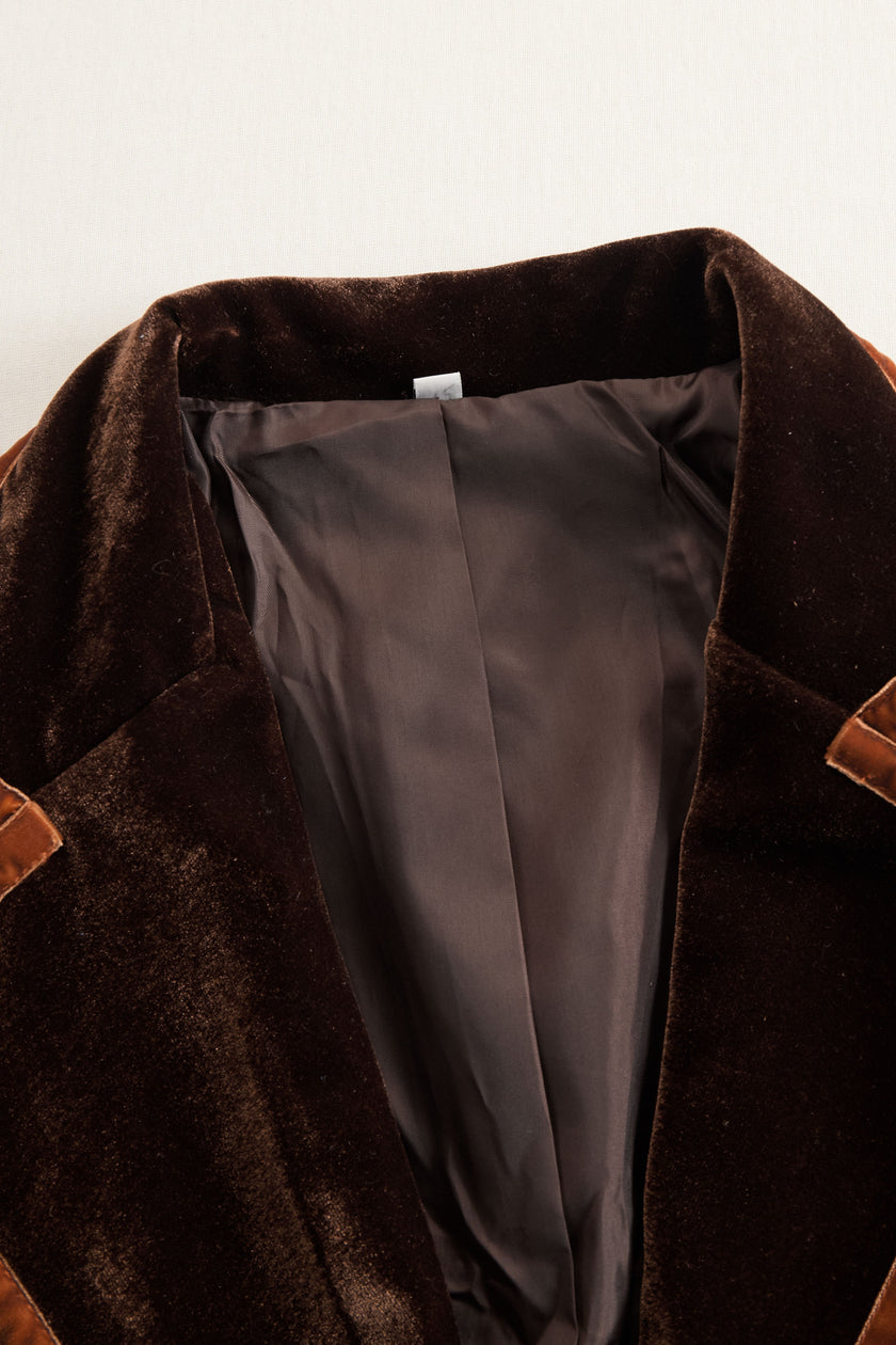 FJØRNA brown velvet colour-block lapel coat with pockets, stylish and cozy for autumn and winter wear.