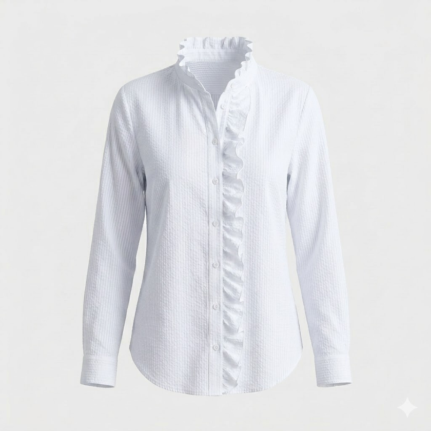 FJØRNA women's striped top with long sleeves and a relaxed fit, featuring horizontal navy and white stripes.