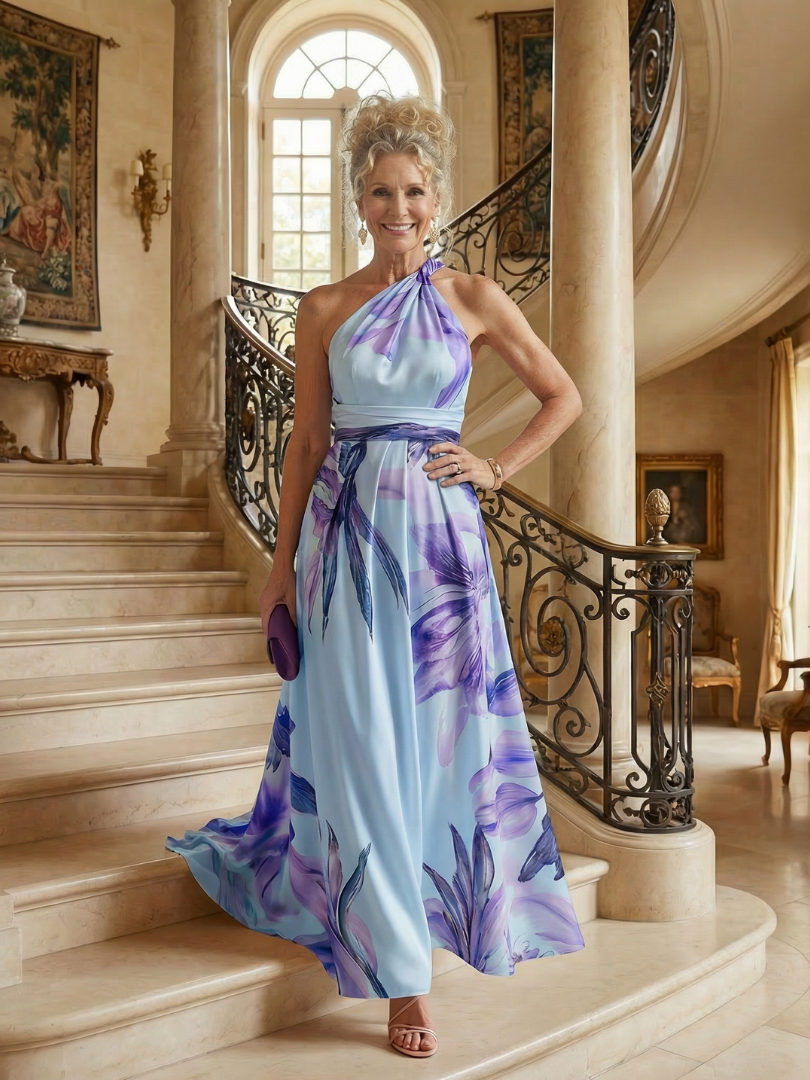 FJØRNA women's floral summer maxi dress with halter neck, sleeveless design, relaxed fit, perfect for warm-weather wear