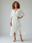 FJØRNA women's summer midi dress with V-neck, flowy lightweight fabric, perfect for warm weather and casual occasions.