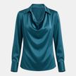 FJØRNA men's satin long sleeve top, stylish and smooth satin fabric, black color, close-up of the long sleeve design.