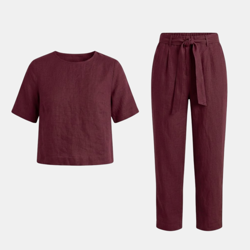 FJØRNA women's short sleeve co-ord set featuring a matching top and bottoms, stylish and comfortable for casual wear.