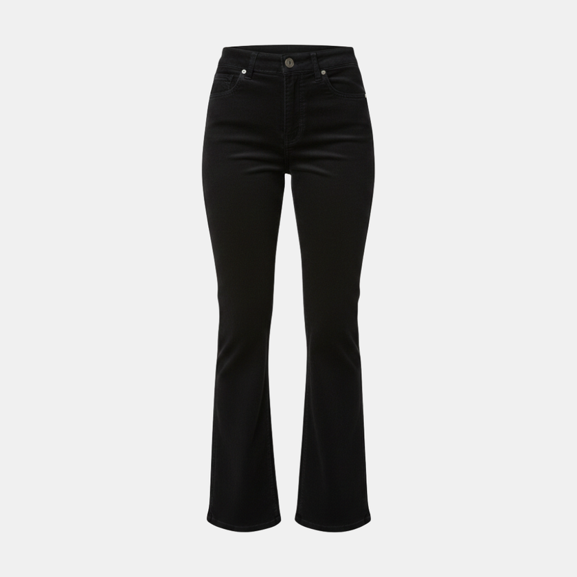 FJØRNA high waist flared women’s trousers, stylish pants with a fitted waist and wide leg silhouette, shown in black fabric.