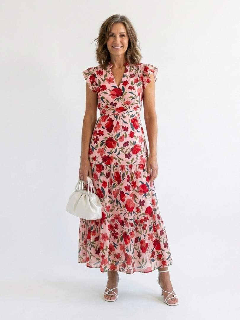 FJØRNA women's floral tiered summer midi dress showing lightweight fabric, floral pattern, and relaxed fit.