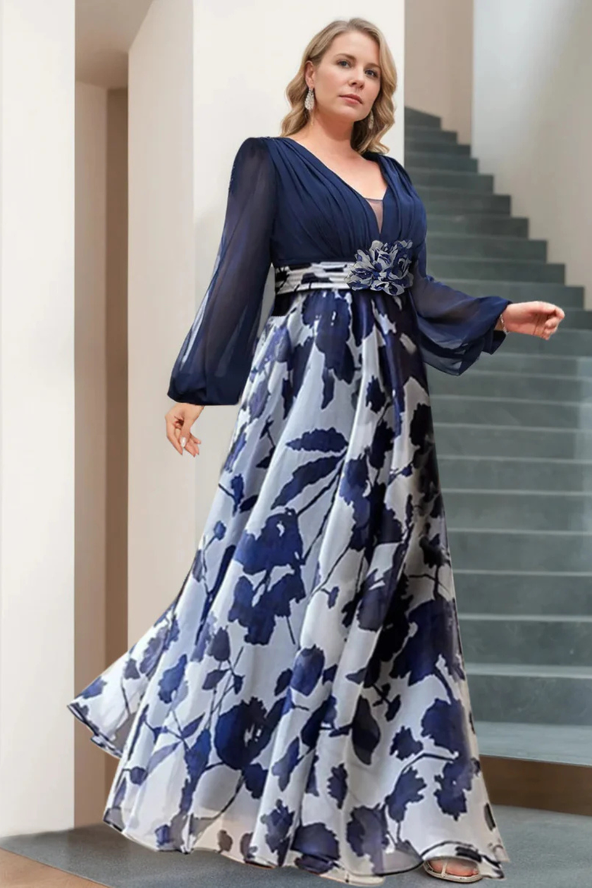 FJØRNA floral print V-neck balloon sleeve maxi dress, elegant wedding guest dress with a flowing silhouette and floral pattern.