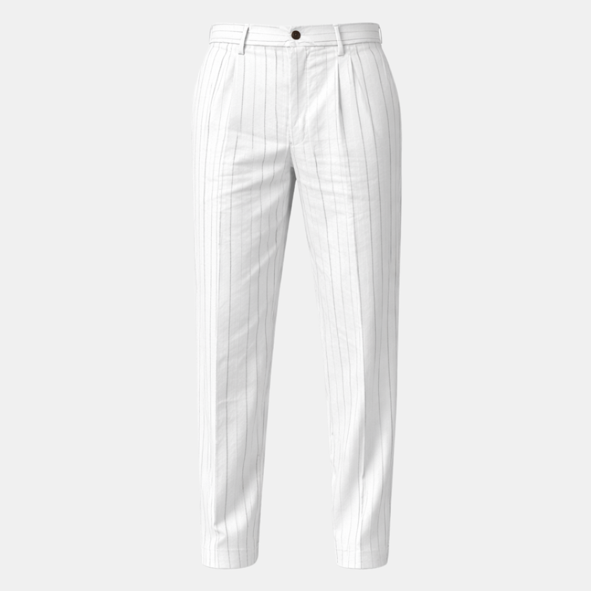 FJØRNA men's linen straight leg trousers with relaxed fit and striped pattern, casual and breathable pants for warm weather.