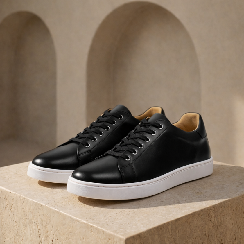 FJØRNA men's leather trainers shoes with breathable design, featuring black leather upper and white rubber soles.