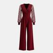 Women’s V neck mesh sleeve evening jumpsuit by FJØRNA, featuring a stylish V neckline and sheer mesh sleeves.