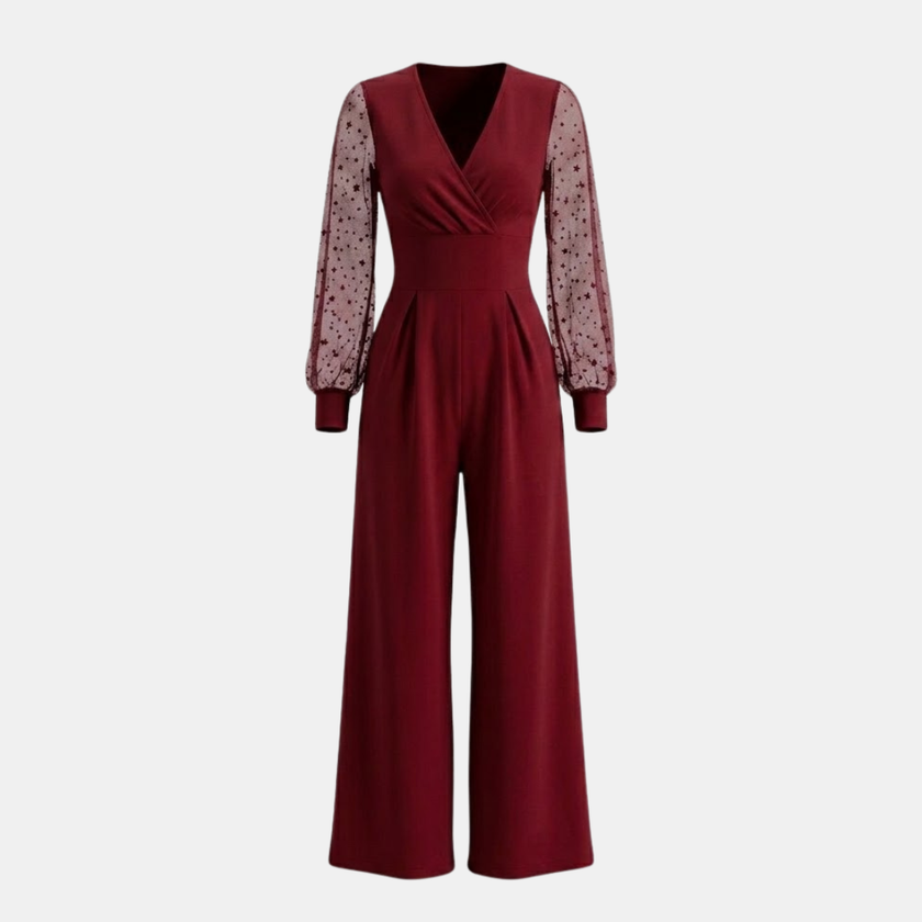 Women’s V neck mesh sleeve evening jumpsuit by FJØRNA, featuring a stylish V neckline and sheer mesh sleeves.