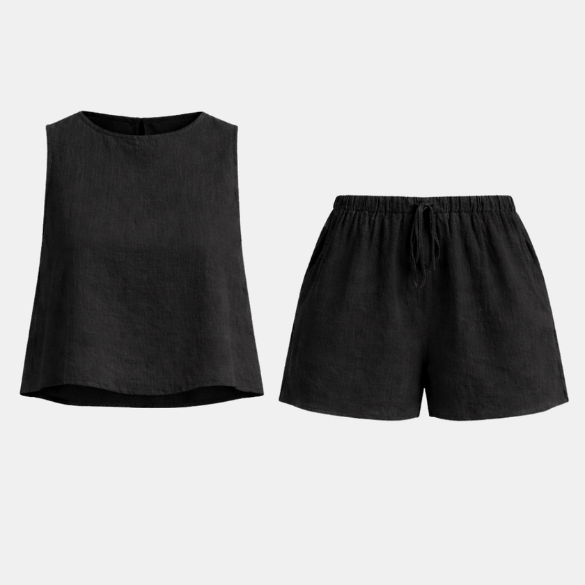 FJØRNA women’s sleeveless linen co-ord set featuring a relaxed fit top and matching wide-leg pants, stylish and breathable.