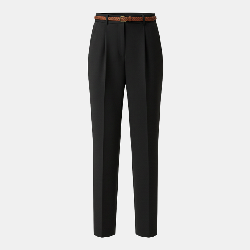 FJØRNA women's slim fit high waist trousers, stylish black pants with a tailored fit, front pockets, and a sleek design.