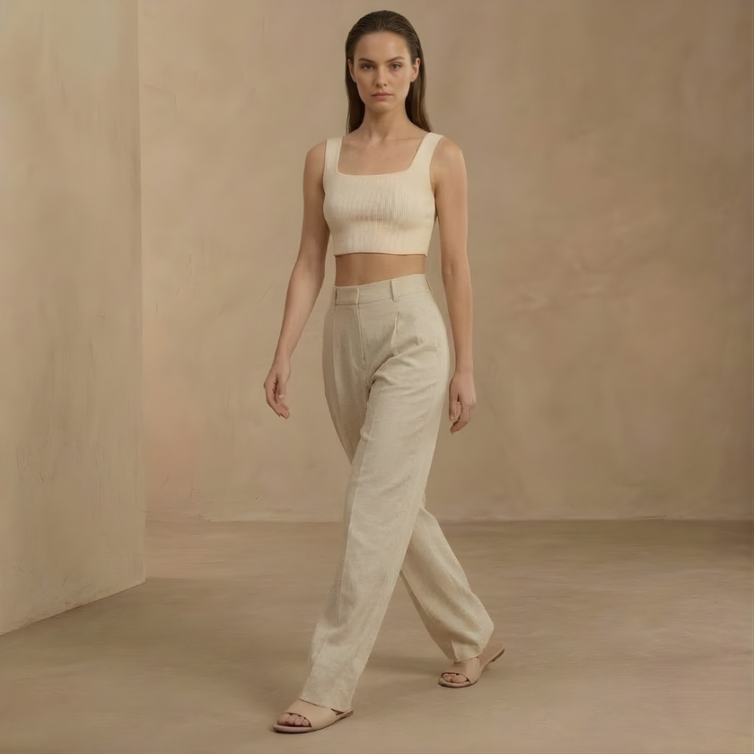 FJØRNA women's high waist wide leg pleated trousers, stylish and flowing pants with a relaxed fit and elegant design.