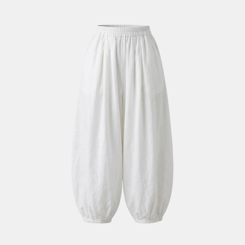 FJØRNA linen blend harem trousers for women with elastic waist and relaxed fit, showcasing comfortable, stylish pants.