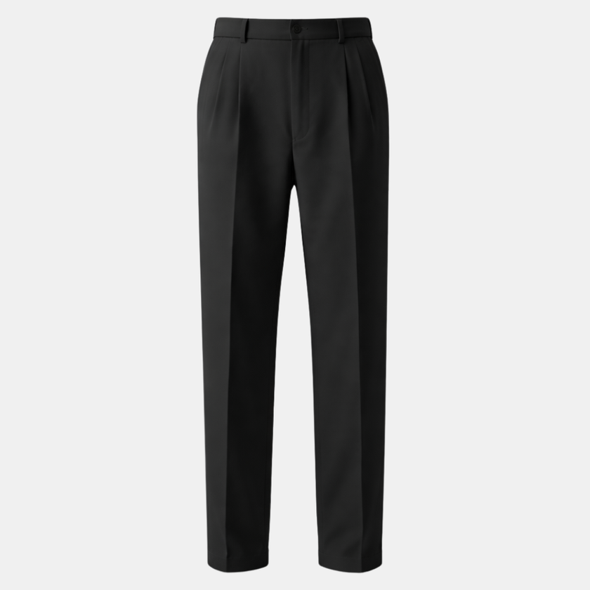 FJØRNA men's wide leg pleated trousers with relaxed fit, shown in a neutral fabric and stylish design.