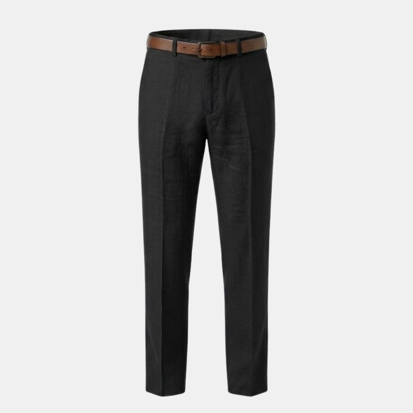 FJØRNA linen blend straight leg men's trousers in neutral color, tailored fit with clean design and classic style.