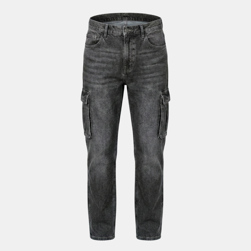 Men's FJØRNA elastic waist jeans showing classic denim fabric, slim fit, and adjustable waistband for comfortable wear.