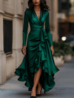 FJØRNA midnight blue satin maxi dress with draped design and ruffle details, elegant evening dress for formal occasions