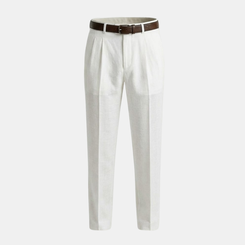 FJØRNA men's linen blend straight leg trousers with pleats and relaxed fit, shown in a neutral color on a male model