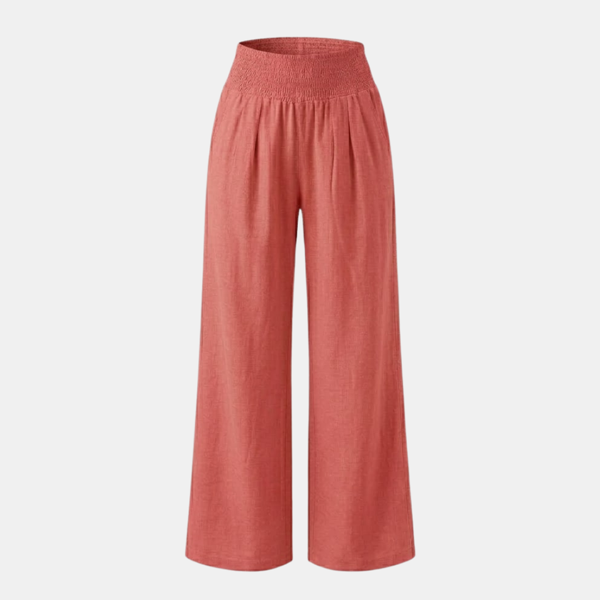 FJØRNA women's linen blend wide-leg trousers with elastic waist, relaxed fit, and casual style, shown in natural fabric detail.