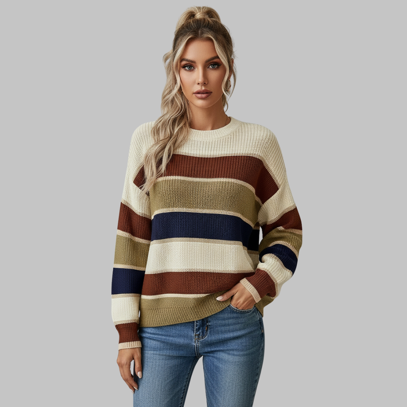 Women's Striped Colour-Block Crewneck Sweater