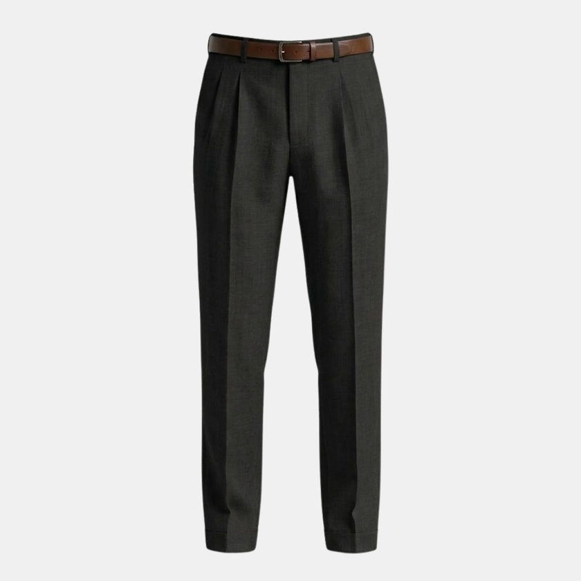 Men's linen blend straight leg trousers with pleats by FJØRNA, featuring a classic tailored design and neutral color.