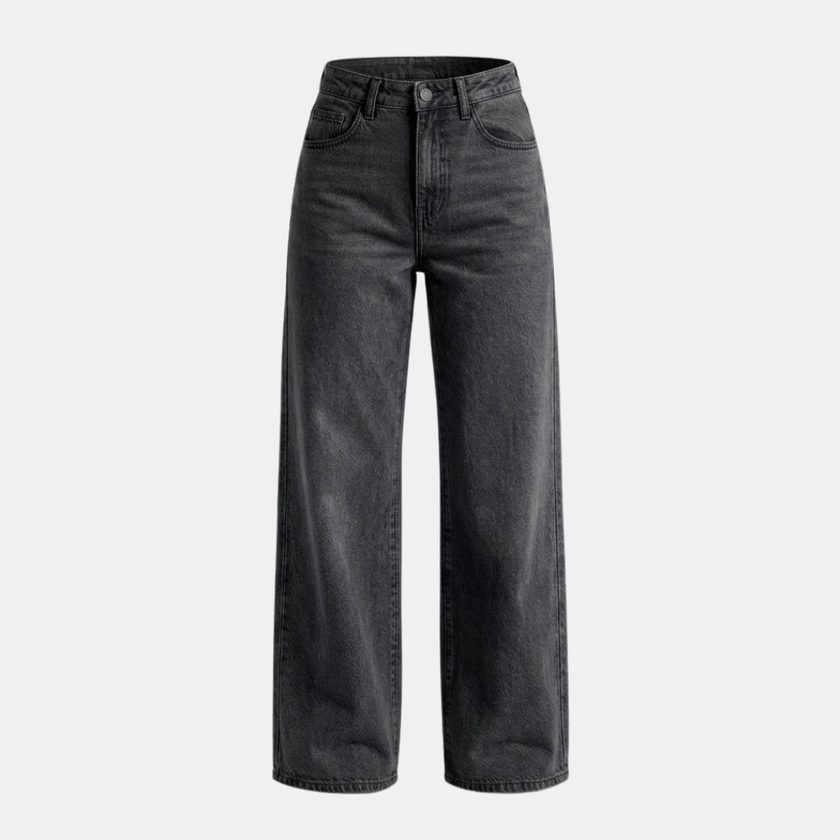 Women’s high waisted wide leg denim jeans by FJØRNA, showcasing a relaxed fit and classic blue denim fabric.