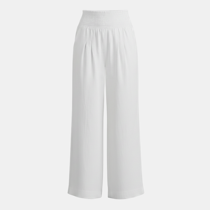 FJØRNA women's high waist wide leg trousers with elastic waistband, showing the relaxed fit and smooth fabric.