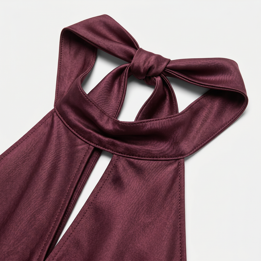 Women's satin halter maxi dress by FJØRNA featuring an open back and cowl neck, ideal for formal evening occasions.
