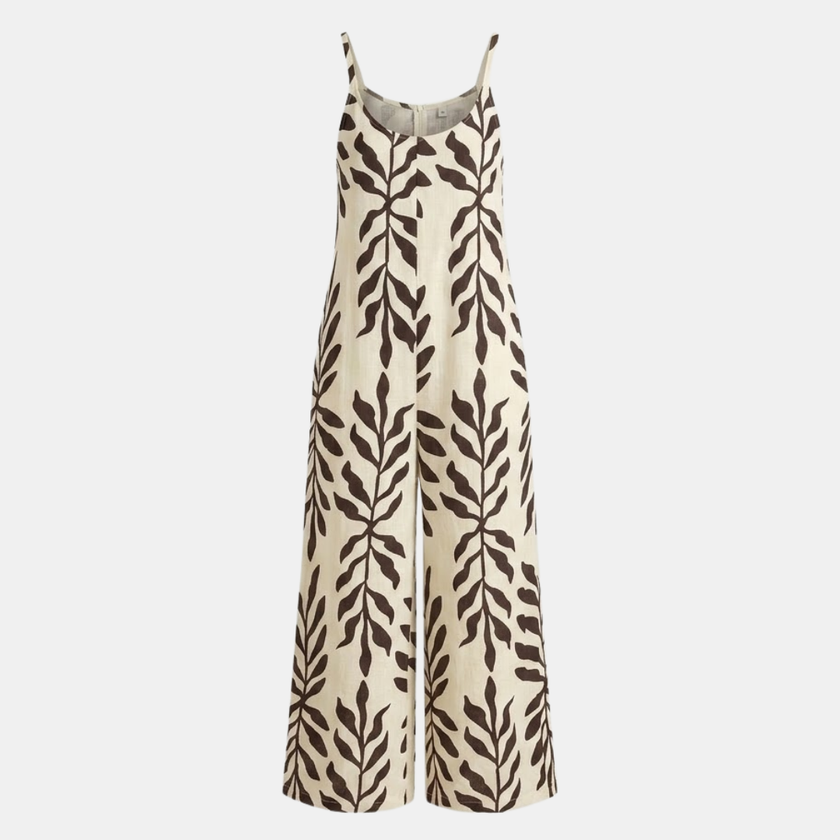 FJØRNA women's two-piece suit set with wide-leg tropical print, featuring a matching top and pants for a stylish summer look.