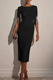 FJØRNA elegant solid color round neck midi dress with half sleeves and beaded decoration, slim fit design.