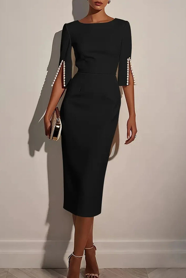 FJØRNA elegant solid color round neck midi dress with half sleeves and beaded decoration, slim fit design.