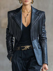FJØRNA black faux leather blazer with tassel details, notch lapel, stylish jacket for contemporary fashion.