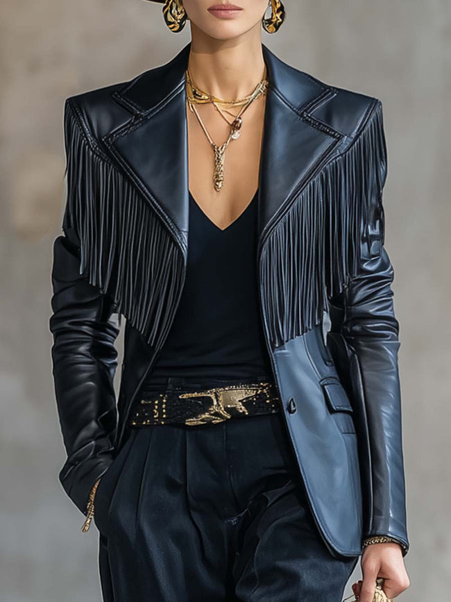 FJØRNA black faux leather blazer with tassel details, notch lapel, stylish jacket for contemporary fashion.