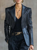 FJØRNA black faux leather blazer with tassel details, notch lapel, stylish jacket for contemporary fashion.