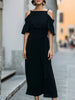 FJØRNA elegant cold-shoulder midi dress with ruffle details for women, featuring a flowy silhouette and chic design.